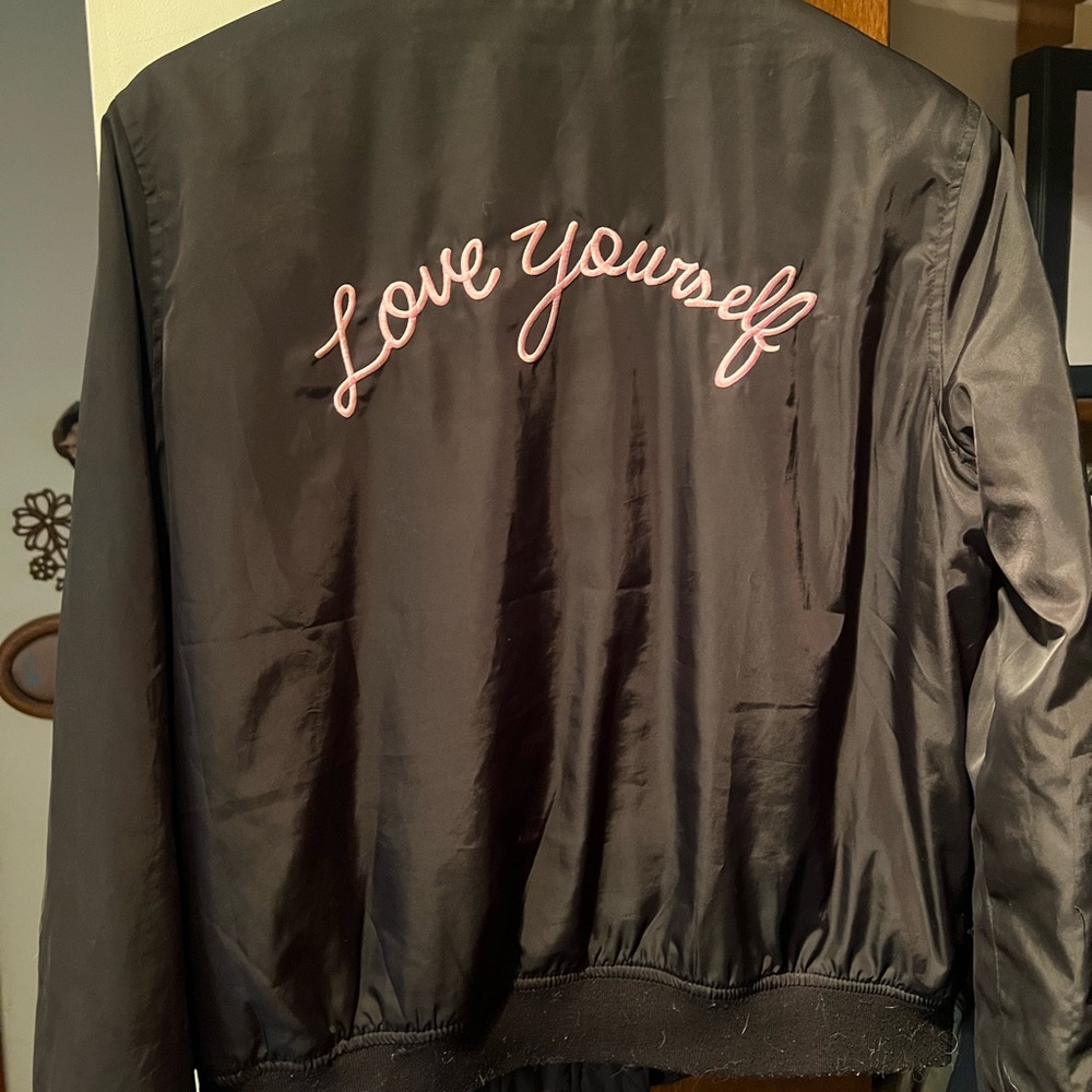 Forever 21 Black Satin Bomber Jacket with Pink "Love Yourself" Embroidery